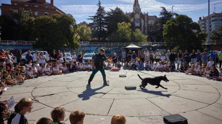Perros, caballos, helicóptero y hasta una moto acuática en la Plaza de Fueros de Pamplona durante la jornada de la Guardia Civil de acercamiento a la población