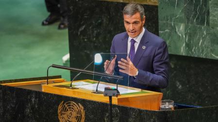 El presidente del Gobierno español, Pedro Sánchez, habla durante su discurso en la 81ª Asamblea General de Naciones Unidas
