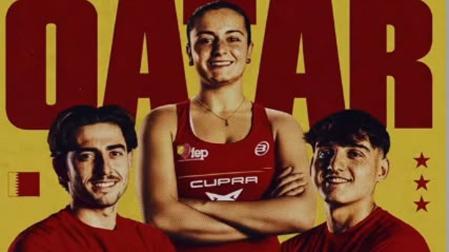 Cartel promocional del Mundial de Qatar de pádel con los jugadores navarros Jon Sanz, Martina Calvo y Aimar Goñi