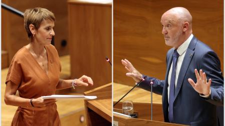 La presidenta del Gobierno y líder del PSN, María Chivite, y el portavoz de UPN, Javier Esparza, este jueves durante la sesión en el Parlamento