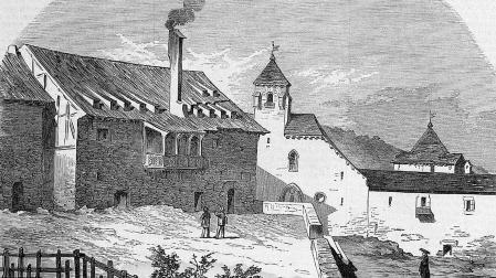 Grabado xilográfico del siglo XIX de la colegiata de Roncesvalles