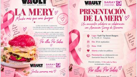 La hamburguesa 'La Mery', a la izda., junto al programa para el día de su estreno en Vault Top Secret Burgers