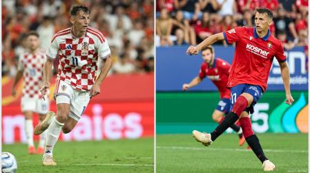 Ante Budimir, en el último partido de Croacia contra España en Sevilla y en un encuentro de este curso en El Sadar