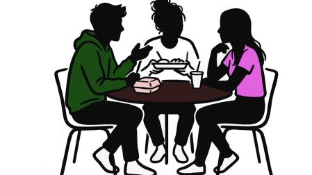 Ilustración de tres personas que comen juntas en una mesa