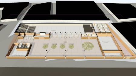 Plano del futuro complejo multiusos de Arguedas, con la zona de pabellón en la parte superior y el patio central en primer término