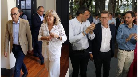 Campaña de las generales de 2023, a la izquierda los candidatos de UPN Alberto Catalán, María Caballero y Enrique Maya, y a la derecha el candidato del PP, Sergio Sayas, con el presidente de esta formación política, Alberto Núñez Feijóo y el entonces líder en Navarra Javier García