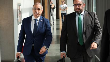 Óscar Chivite y Javier Remírez, en los pasillos del Parlamento de Navarra