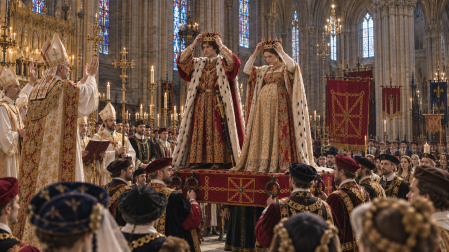Recreación con IA de la coronación de Juan III de Albret y Catalina de Foix el 12 de enero de 1494 en la catedral de Pamplona