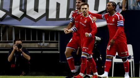 El delantero del Espanyol Bryan Zaragoza celebra tras marcar el 0-1 en La Rosaleda