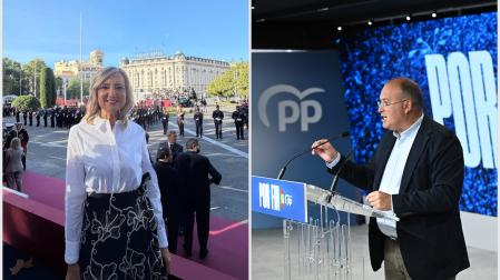 A la izquierda, Cristina Ibarrolla, en el lugar desde el que vio el desfile en Madrid del 12 de octubre (fotografía de sus redes sociales), y a la derecha, Miguel Tellado, en una rueda de prensa que dio en la sede del PP, fotografía de Efe.