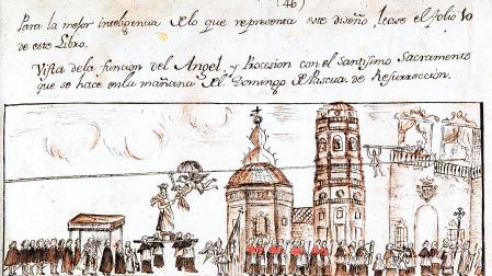 Dibujo de la Procesión de la Bajada del Ángel en Tudela con los balcones de la Casa Consistorial, por Juan Antonio Fernández, c. 1787.