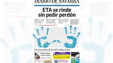 Portada de Diario de Navarra del 21 de octubre de 2011 con el anuncio de la banda terrorista ETA