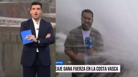 Momento en el que una ola ha engullido al reportero Sergio Ovejero mientras realizaba un reportaje en directo con el programa 'Euskadi Quédate'