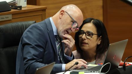Javier Esparza y Leticia San Martín, propuestos para liderar la candidatura de UPN-PP al Senado y al Congreso, respectivamente, hablan durante el pleno que el Parlamento celebró ayer jueves