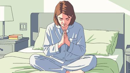 Ilustración de una joven rezando en la cama