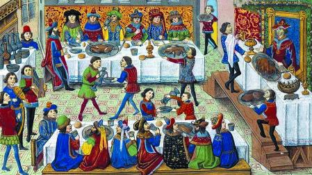 Imagen banquete medieval coronacion Juan de Aragon 1414. Las ceremonias de la Corte navarra serían similares a esta en alimentos y disposición del espacio.
