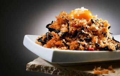 Migas de pastor con trompetas. Restaurante Orgi.