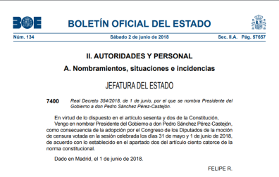 El BOE publica el cese de  Mariano Rajoy y el nombramiento de Pedro Sánchez