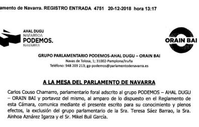Podemos Orain Bai expulsa del grupo parlamentario a Aznárez, Buil y Saez