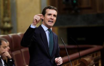 El presidente del PP, Pablo Casado, interveniene en el debate de totalidad de los presupuestos este martes en el pleno del Congreso.