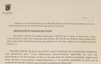 El alcalde de Estella libra de una multa a un edil de Bildu en Ayegui