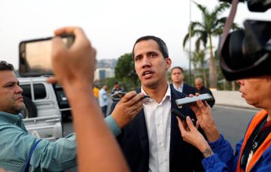 Juan Guaidó durante su llamamiento al pueblo venezolano desde la base militar "La Carlota", en Caracas