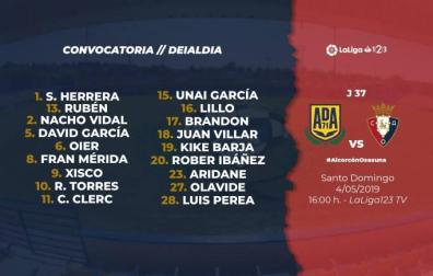Convocatoria de Osasuna para el partido en Alcorcón