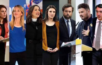 Adriana Lastra (PSOE), Cayetana Álvarez de Toledo (PSOE), Inés Arrimadas (Cs), Irene Montero (Unidas Podemos), Iván Espinosa de los Monteros (Vox), Gabriel Rufián (ERC) y Aitor Esteban (PNV).