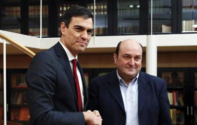 El secretario general del PSOE, Pedro Sánchez (i), se reúne con el presidente del PNV, Andoni Ortuzar.