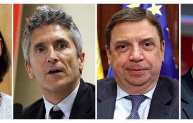 De izquierda a derecha, Reyes Maroto estará al frente del Ministerio de Industria; Fernando Grande-Marlaska en Interior; Luis Planas se mantiene en el Ministerio de Agricultura, Pesca y Alimentación; y José Luis Ábalos estará al frente de Transporte, Movilidad y Agenda Urbana, según han informado a Efe fuentes del Ejecutivo este viernes.