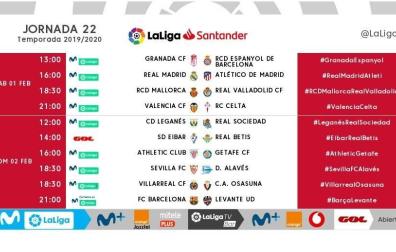 Señalamientos y horarios de la jornada 22 de LaLiga Santander.