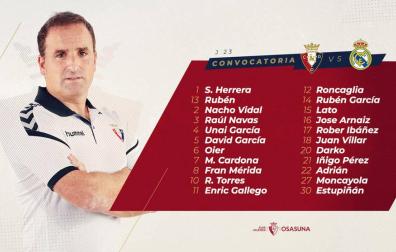 Convocatoria de Arrasate contra el Real Madrid.