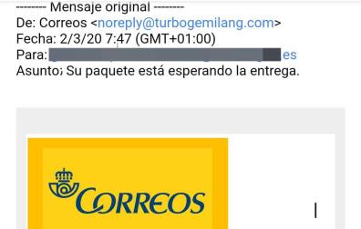 Uno de los correos electrónicos con los que se estafa simulando un mail de Correos