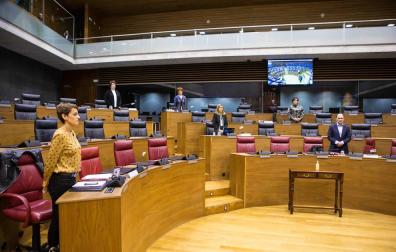 MINUTO DE SILENCIO POR LOS FALLECIDOS. Los parlamentarios, consejeros y presidenta guardaron este viernes un respetuoso minuto de silencio por las víctimas de la pandemia en Navarra. Con el hemiciclo casi vacío debido a las medidas de separación social impuestas por sanidad el silencio fue total.