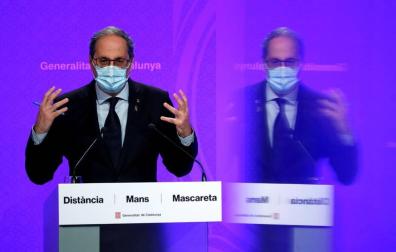 El presidente de la Generalitat, Quim Torra, durante la rueda de prensa de este lunes