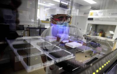 Fotos que muestran cómo se trabaja en el laboratorio del pabellón L del Complejo Hospitalario de Navarra donde se analizan las PCR