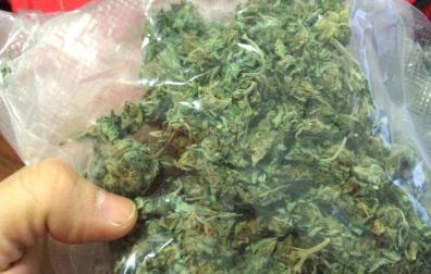 Un agente sostiene la bolsa de marihuana incautada.