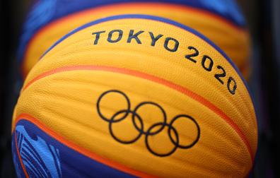 Tokyo 2020 Olympics - Basketball 3x3 Training - Aomi Urban Sports Park, Tokyo, Japan - July 22, 2021 The Olympic rings are seen on a ball during a training session. REUTERS/Andrew Boyers