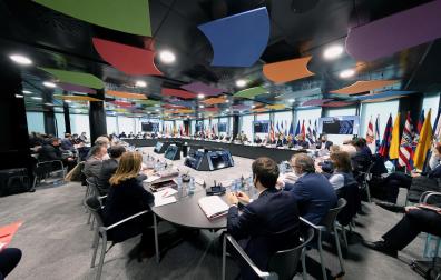 Una imagen de la asamblea de LaLiga de ayer en la que participó Osasuna