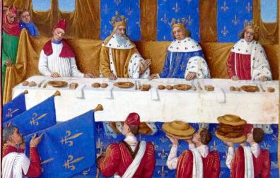 Banquete en la corte del rey francés Carlos V en París en 1378. Ilustración de libros de Jean Fouquet, de mediados del siglo XV