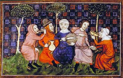Campesinos compartiendo comida, en una ilustración del Libro de caza del rey Modus, en el siglo XIV