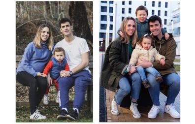 Andrea Garraza, embarazada antes del confinamiento, con su hijo Lucas y su marido, Iñaki Guergué. A la derecha, con Olivia, dos años después de nacer