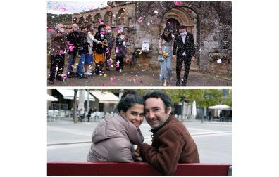Mª Dolores y Miguel, en su boda en Eunate (2020) y el domingo de carnaval en Pamplona (2022)