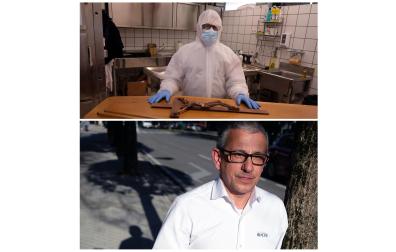 El tanatopractor y funerario José Antonio Goñi, en Tanatorios Irache, en 2020 y en 2022