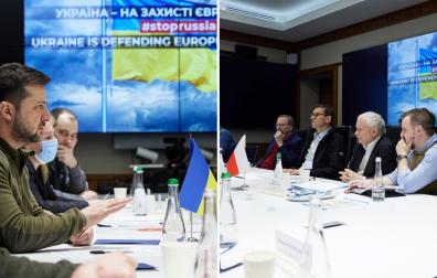 A la izquierda, el presidente de Ucrania, Volodimir Zelenski; a la derecha, el primer ministro de Polonia, Mateusz Morawiecki; de Eslovenia, Janez Jansa, y de República Checa, Petr Fiala