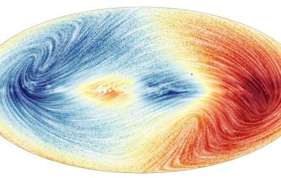Mapa que muestra el campo de velocidad de la Vía Láctea para aproximadamente 26 millones de estrellas. Los colores muestran las velocidades radiales de las estrellas a lo largo de la línea de visión