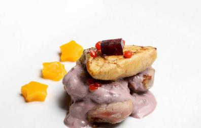 Solomillo con foie plancha y crema de garnacha con melocotón de Calanda del Flash de Aragón de Zaragoza