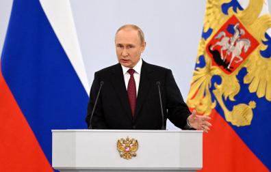 El presidente de Rusia, Vladimir Putin, durante la ceremonia en la que ha declarado la anexión de las regiones ucranianas de Donetsk, Luhansk, Kherson y Zaporizhzhia