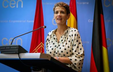 La presidenta del Gobierno de Navarra, María Chivite, durante su intervención en el I Encuentro de empresas alemanas en Navarra 'Synergien'