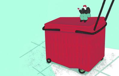 Ilustración de un carro de la compra con una persona encima